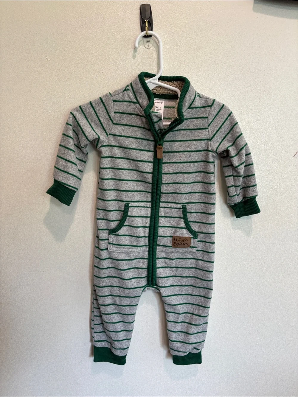 Carter's Gray & Green Striped Zip-Up One-Piece fleece 9 month boy